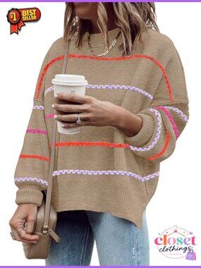 Oversized Ribbed Pullover Sweater Side Slit Crewneck Knit